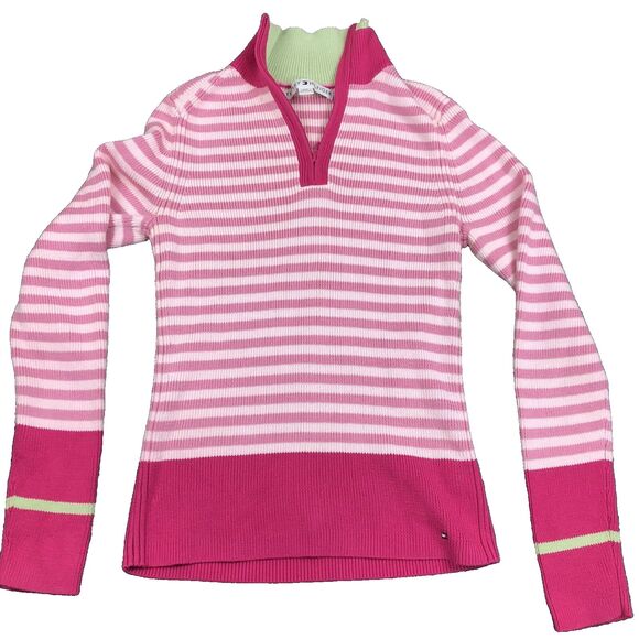 Tommy Hilfiger Sweaters - Tommy Hilfiger Pink Striped Quarter-Zip Pullover Sweater Size SP